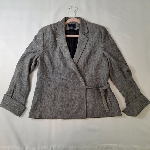 Vintage Womens Linen Wrap Blazer Sz L Gray Lined Office Smart  Adjustable - Picture 3 of 9